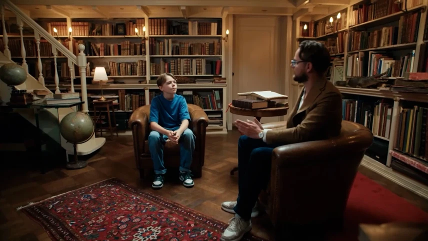 Twee mannen zitten op stoelen in een bibliotheek.
