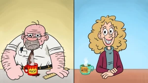 Illustratie van leraar die booskijkt met een koffiemok voor zich waarop staat 'macht' en een vrolijke lerares met een kop thee waarop staat 'gezag'.