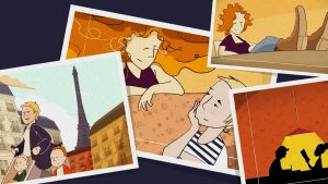 Een collage van vier tekeningen. Op een grotere afbeelding duwt een vrouw met kort blond haar een buggy, op de achtergrond de Eiffeltoren. Op een andere grote afbeelding een vrouw met kort blond haar en een vrouw met rood haar die elkaar aankijken.