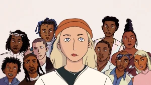 Een tekening van een blonde vrouw met een oranje muts op. Achter haar zijn allerlei hiphophelden getekend, zoals Tupac, Eminem en Queen Latifah.