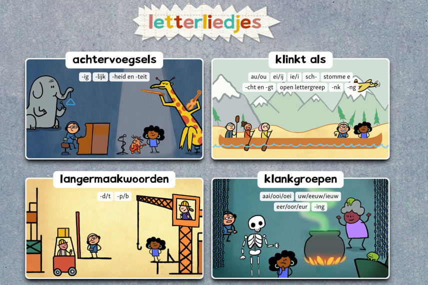 Screenshot van Letterliedjes oefenspel, verdeeld in vier categorieen met vier verschillende illustraties.