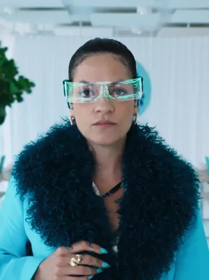 Techbitch presentatircie met een lichtblauw mantelpakje met een grote bontkraag.