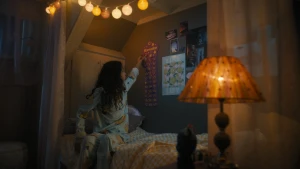 Een foto van een meisje dat op ene bed zit in een slaapkamer.