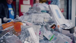 Een foto van een grote berg medicijnen, er liggen stripjes met pullen, doosjes en potjes op een grote bult.