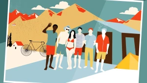 Een tekening van een foto. Op de foto staan vijf jongens en een meisje. Op de achtergrond hoge bergen. Achter de groep staat een racefiets, een bungalowtent en een klein tentje.