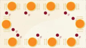 Een illustratie van een eettafel van bovenaf gezien. De tafel is gedekt voor 10 personen. Bij elk bord staat een glas rode wijn.