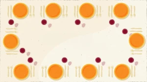 Een illustratie van een eettafel van bovenaf gezien. De tafel is gedekt voor 10 personen. Bij elk bord staat een glas rode wijn.