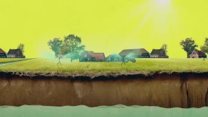    Animatie van een boerenbedrijf met het grondwaterpeil en sproeiers die het het land besproeien.