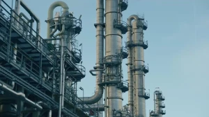 Een foto van een stukje van een fabriek, je ziet allerlei metalen buizen.