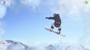 Een foto van een snowboarden in de lucht.
