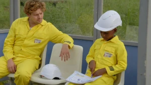 Foto van jongetje met bouwhelm die samen met Soy Kroon zit.