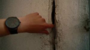 Een foto van een hand met een groot horloge om de pols die een brede scheur in een muur aanwijst, de hand gaat met 1 vinger in de scheur.