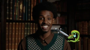 Foto van presentator Anas voor een oude boekenkast met naast hem een emoji van een draak en een emoji van een zwaard.
