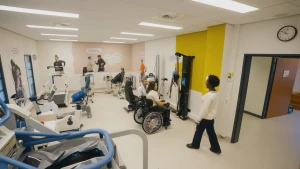 Foto van fysiotherapiepraktijk waar jongen in rolstoel oefeningen aan het doen is.