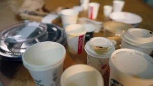 Een foto van een aantal verschillende gebruikte papieren koffiebekers op een tafel.