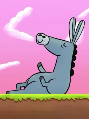 Illustratie van een liggende ezel die met zijn ogen dicht ligt te chillen op het gras met achter hem een roze achtergrond met wolkjes in de vorm van symbolen en tekens.