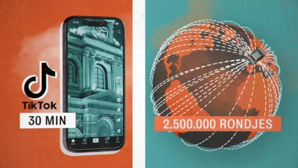 Een splitscreen illustratie met links een telefoon met logo van tiktok en 30 minuten. Rechts een wereldbol met een auto die rondjes rijdt.
