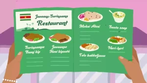 Een illustratie van twee handen die een menukaart van een Javaans-Surinaams restaurant vasthouden.