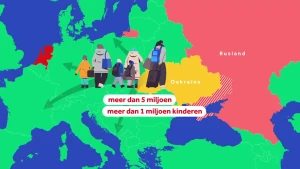 Een illustratie van een kaart van Europa waarop Oekraïne en Rusland in een opvallende kleur zijn gemarkeerd. Vanuit Oekraïne lopen pijlen naar verschillende landen. Langs de pijlen staan kleine figuren die vluchtelingen voorstellen.
