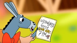 Illustratie van ezel die een uitnodiging vasthoudt voor een feestje waarop staat: uitnodiging feest, kom om 7 pm.