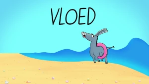 Illustratie van ezel met roze strandband om zijn middel die wegrent voor hoge golf.