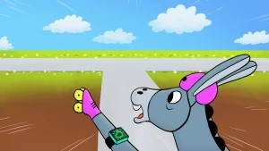 Illustratie van ezel op rolschaatsen die op een kruising afstevent. Hij kijkt geschrokken en steekt zijn linkerpoot uit waar een horloge omheen zit die roept welke kant hij op moet.