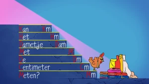 Illustratie van een trap met op elke trede een woord en een afstand, volgens het ezelsbruggetje 'kan het dametje met de centimeter meten'. Onderaan de trap staat een kip bij een stapel gekleurde stoffen.