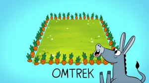 Illustratie van ezel die verrukt kijkt naar groen veld met wortels eromheen. Onder het veld staat het woord 'omtrek'.