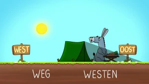 Illustratie van ezel die voor zijn tent zit richting het oosten, terwijl de zon ondergaat in het westen.