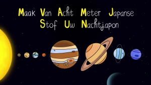 Illustratie van de planeten in ons zonnestelsel met daarboven het ezelsbruggetje 'Maak van acht meter Japanse stof uw nachtjapon'.