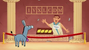 Illustratie van ezel voor een Romeins kunstwerk met daarboven de Romeinse cijfers IVXLCDM.