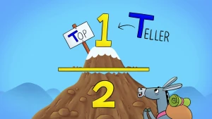 Illustratie van bergtop met het bordje 'top' met daarbij het woord 'teller. Bovenop de top staat het getal 1. Daaronder een breukstreep en daaronder het getal 2. Ezel staat erbij en kijkt ernaar.