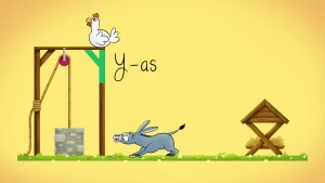 Illustratie van kip op een hek die een ei legt dat naar beneden valt op het hoofd van ezel.