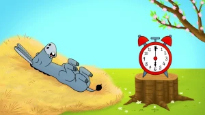 Illustratie van ezel slapend op een berg hooi met naast hem een rode wekker waarop de wijzers zes uur aanwijzen.