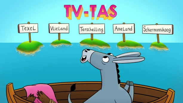 Illustratie van ezel in een bootje met voor hem in het klein de waddeneilanden met op elk eiland een bordje: Texel, Vlieland, Terschelling, Ameland, Schiermonnikoog. En daarboven in het roze 'TV-TAS'.