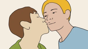 Een illustratie van een blonde jongen en een jongen met bruin haar. De jongen met bruin haar geeft de blonde jongen een kus.