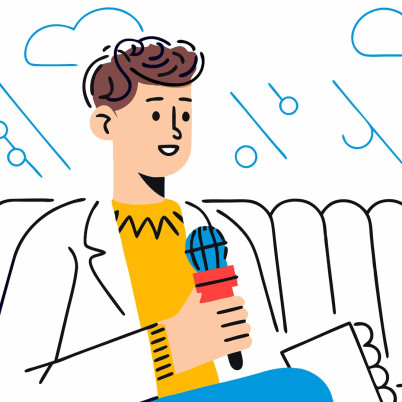 Illustratie van man en vrouw op een bank, de man heeft een microfoon vast en er ligt een notitieboekje op de bank.