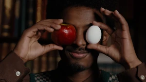 Foto van presentator Anas met voor zijn ogen een rode appel en een wit ei.