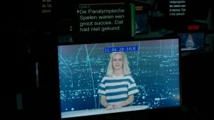 Foto van monitor waarop presentatrice Janouk te zien is in het decor van RTl Nieuws.