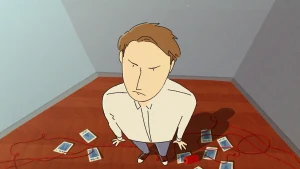 Een illustratie van een man die gefrustreerd opkijkt naar iets aan de muur. Waar hij naar kijkt, valt buiten beeld. Rond zijn voeten liggen polaroid-foto's en een uitgerold klosje rood draad op de grond.