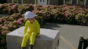 Foto van jongetje in een gele overall en een bouwhelm die zit op een stapel bakstenen